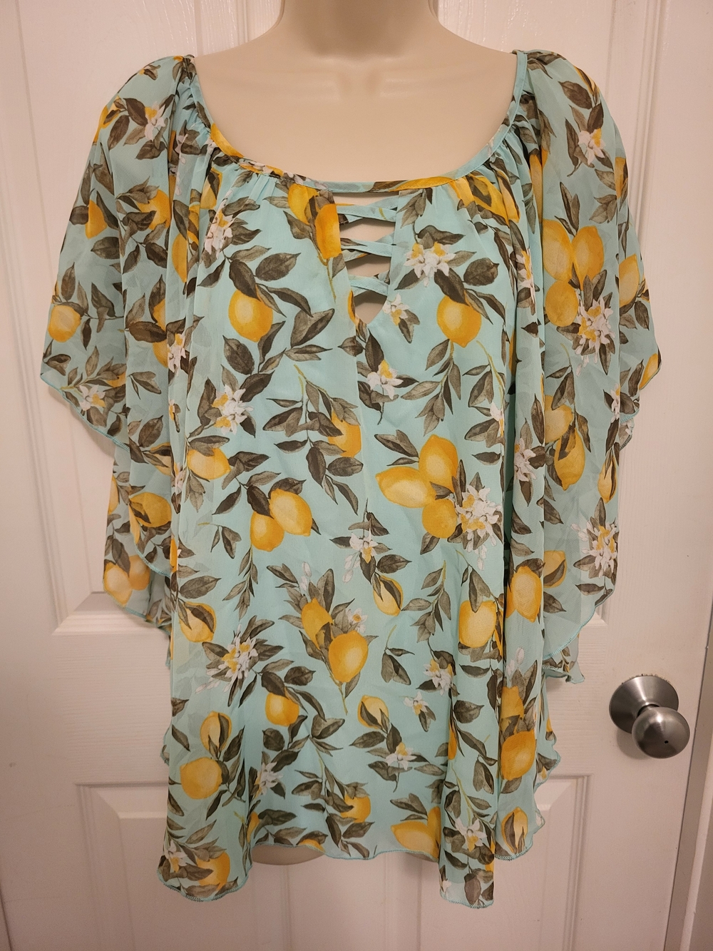 Cato Aqua Lemon Print Flutter Sleeve Blouse